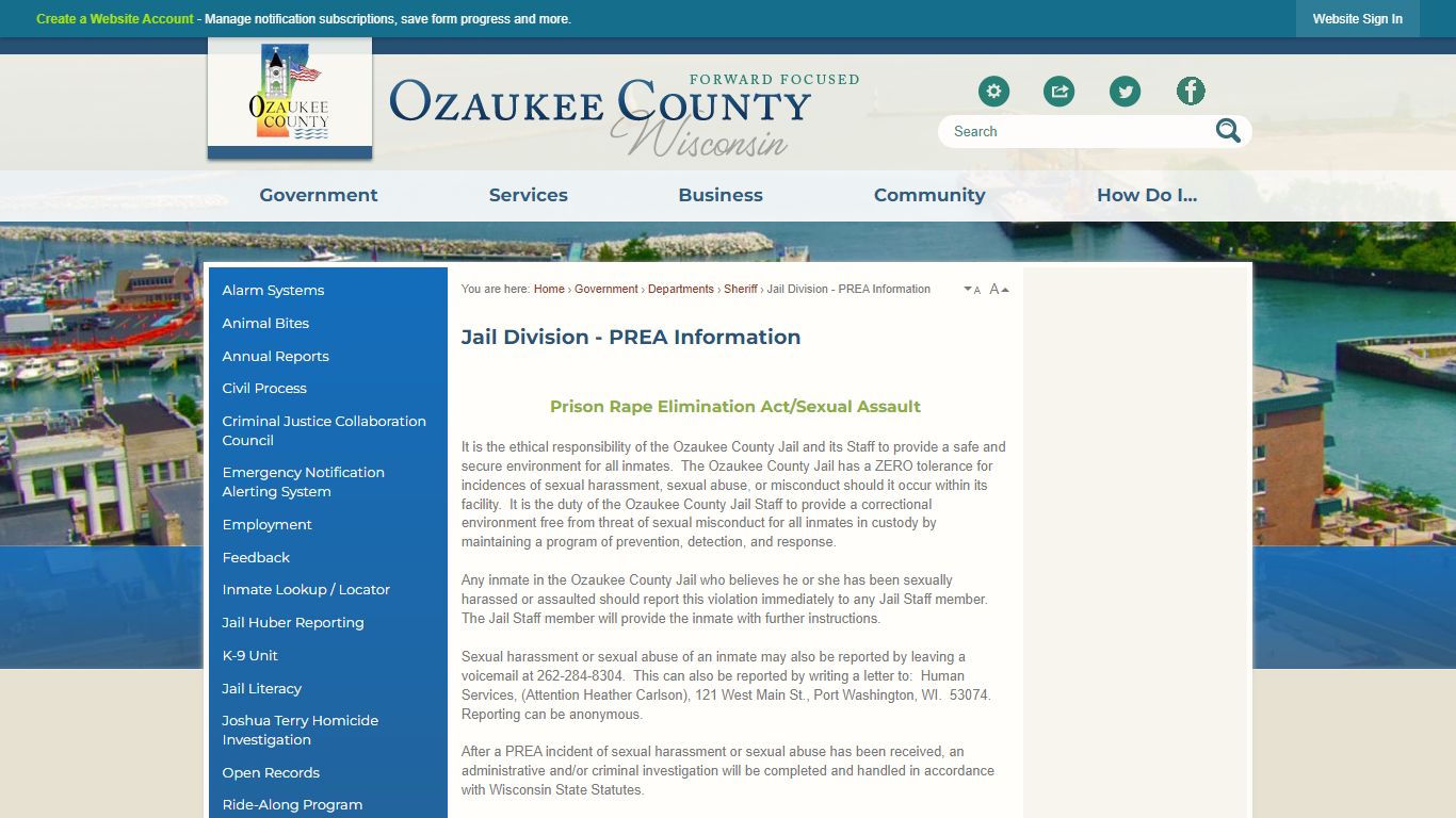 Jail Division - PREA Information | Ozaukee County, WI - Official Website